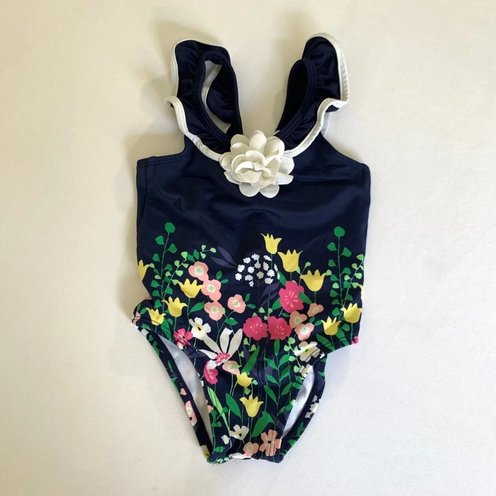 Janie and Jack Swimsuit Navy‎ Blue Floral Ruffle Baby Girl 12-18 Months Preppy